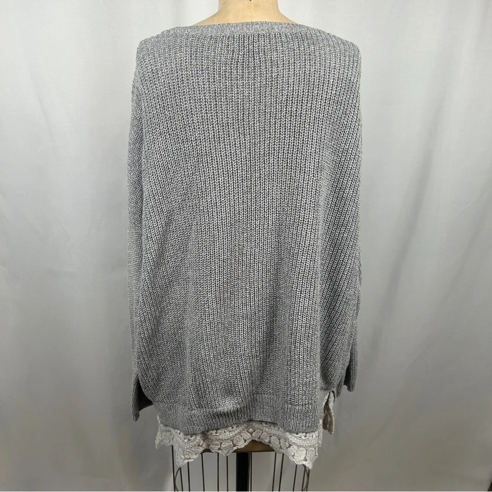 Anthro Pins & Needles Gray Long Sleeve Knit Sweater Dress White Lace Trim Large